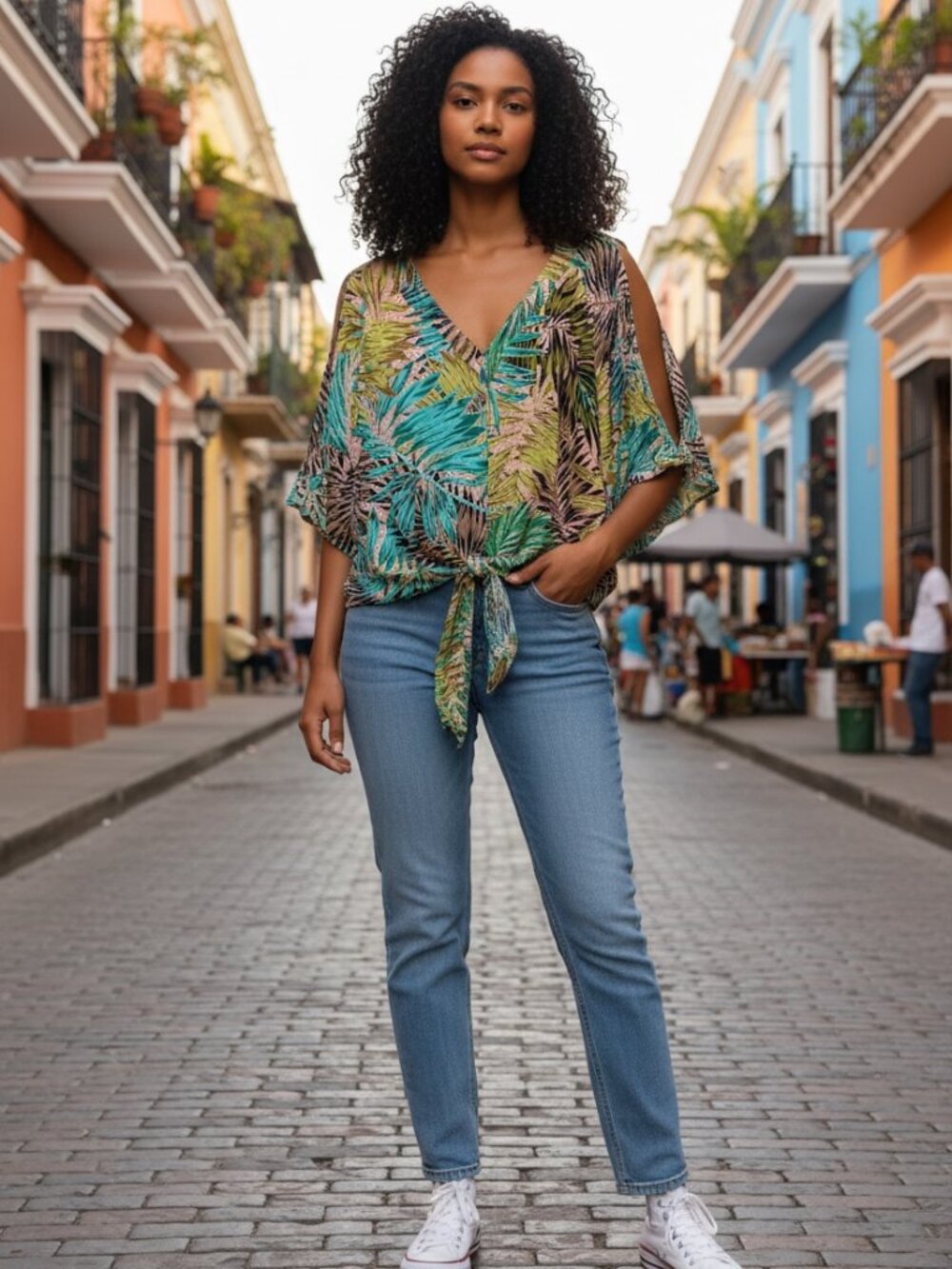 Democracy Women's Tropical Leaf Cold Shoulder Blouse, Size XL